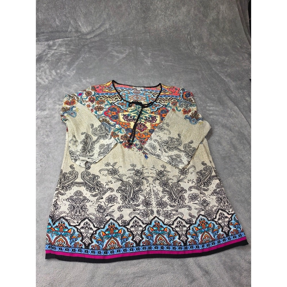 Dressbarn Woman 1X Blouse Paisley Floral Boho Split Neck Tie Top Multicolor